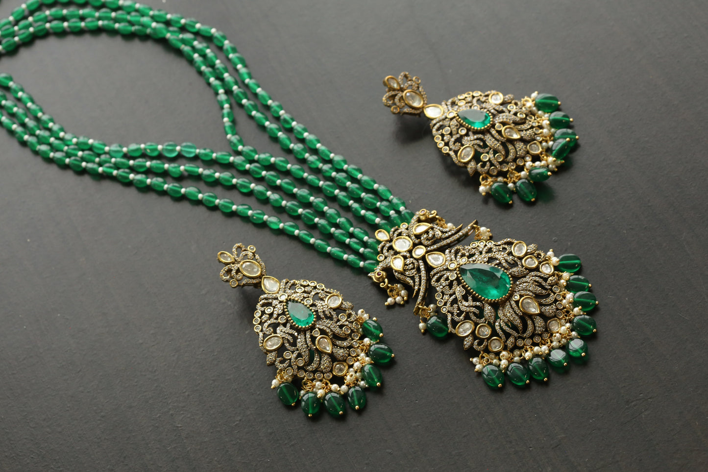 Emerald Green Victorian CZ, Moissanite Polki & Doublet Set