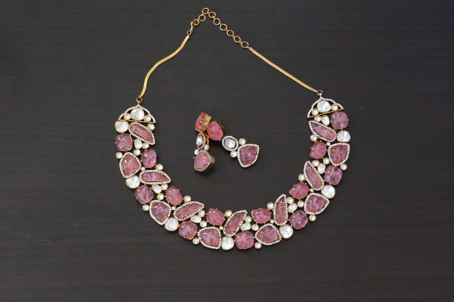 Pink Doublet & Moissanite Look Polki Necklace Set