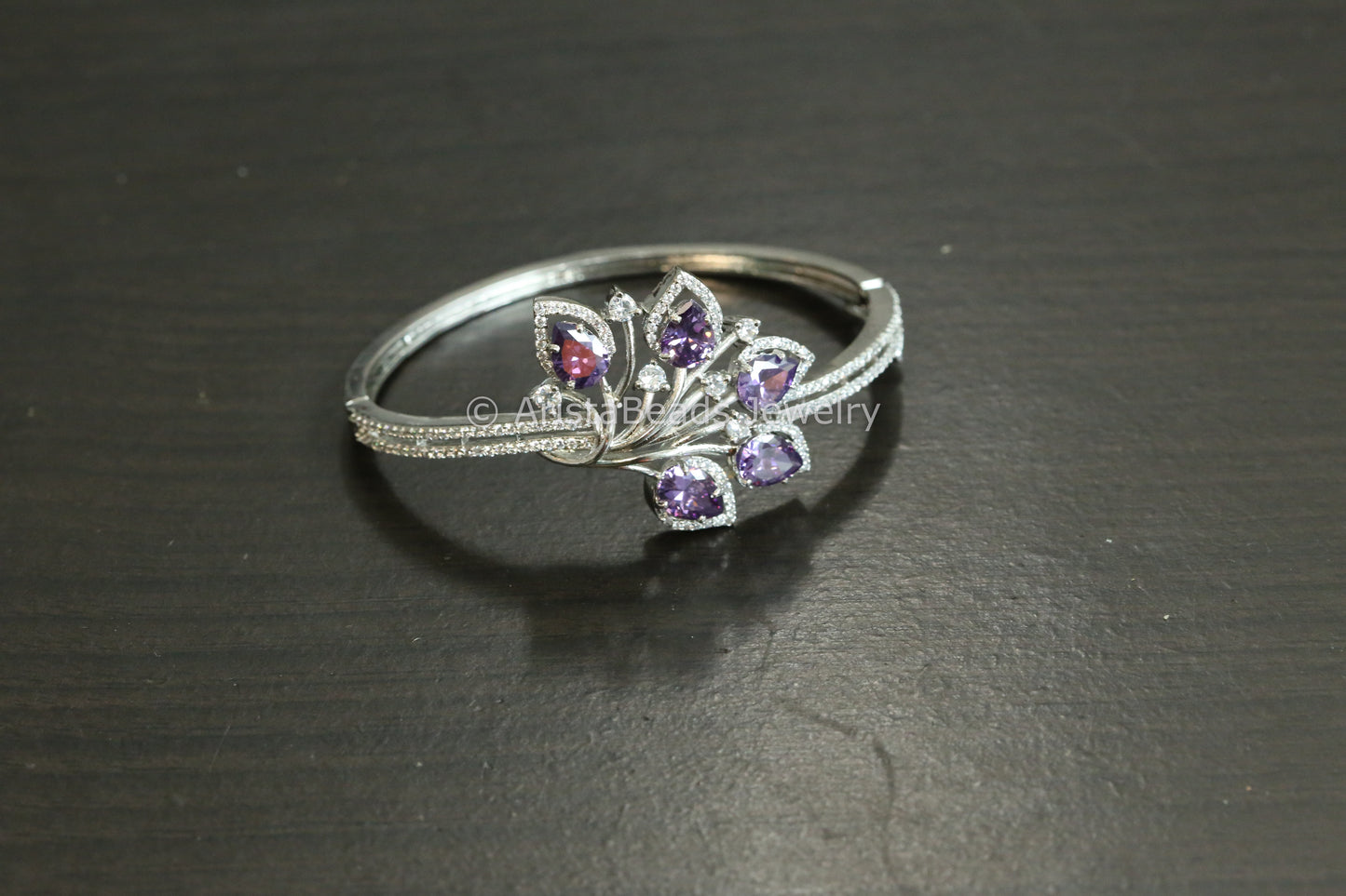 Silver Finish CZ Bangle Bracelet - Purple (Openable)