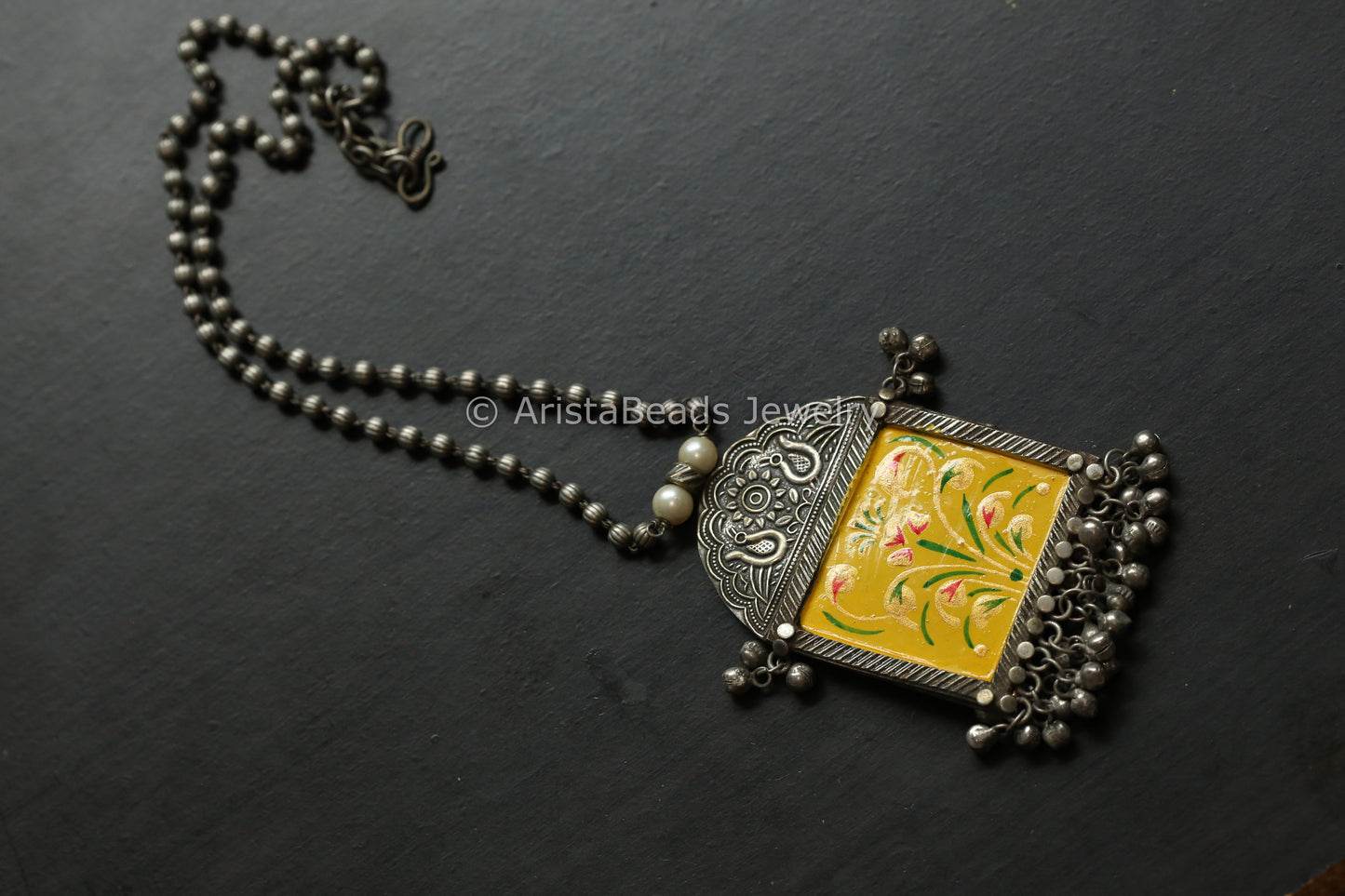 Hand Enameled Silver Look Necklace - Yellow