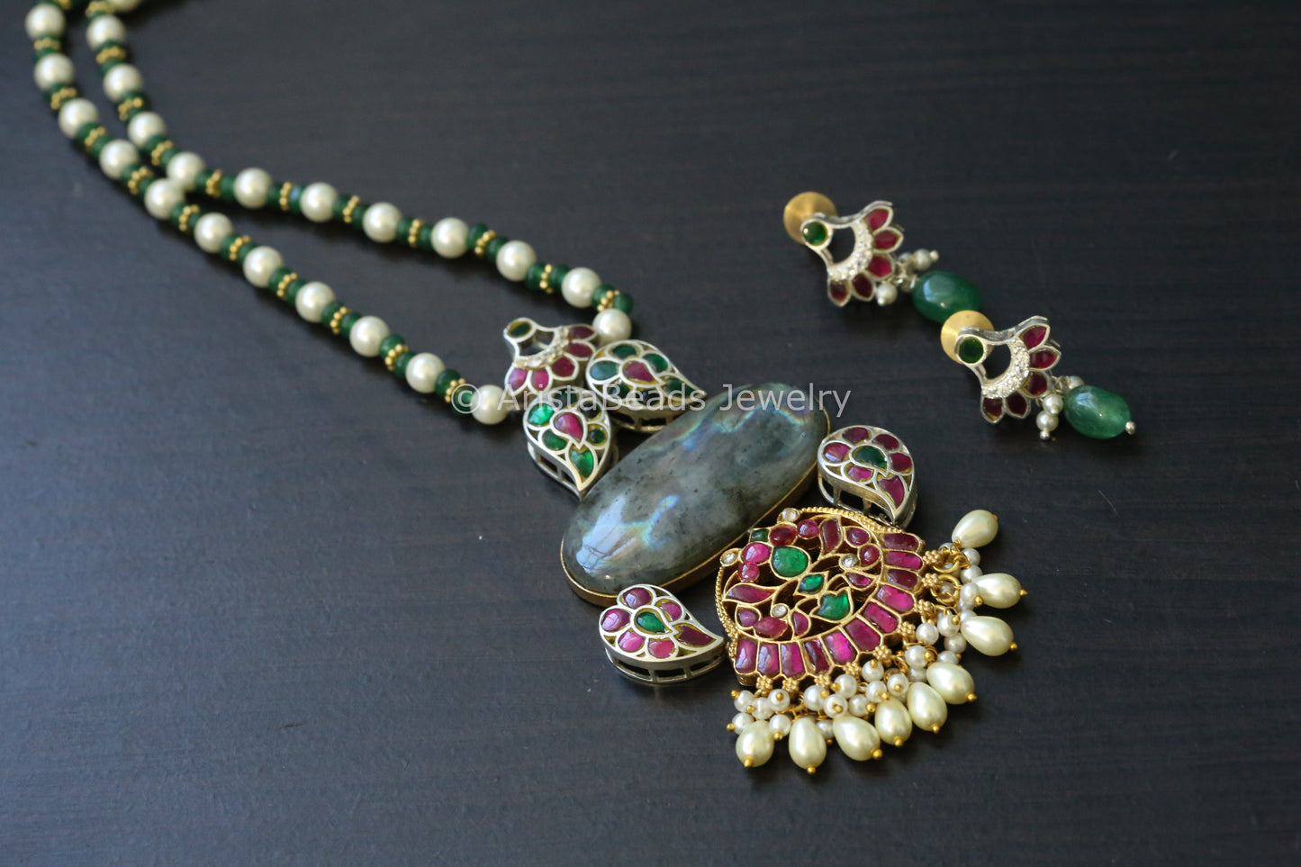 Jadau Kundan Fusion Necklace Set -Labradorite