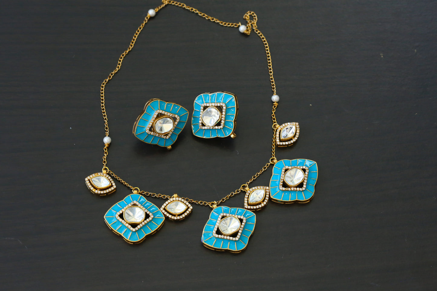 Premium Enamel & Moissanite Look Polki Set - Turquoise