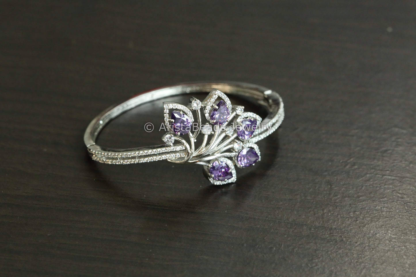 Silver Finish CZ Bangle Bracelet - Purple (Openable)