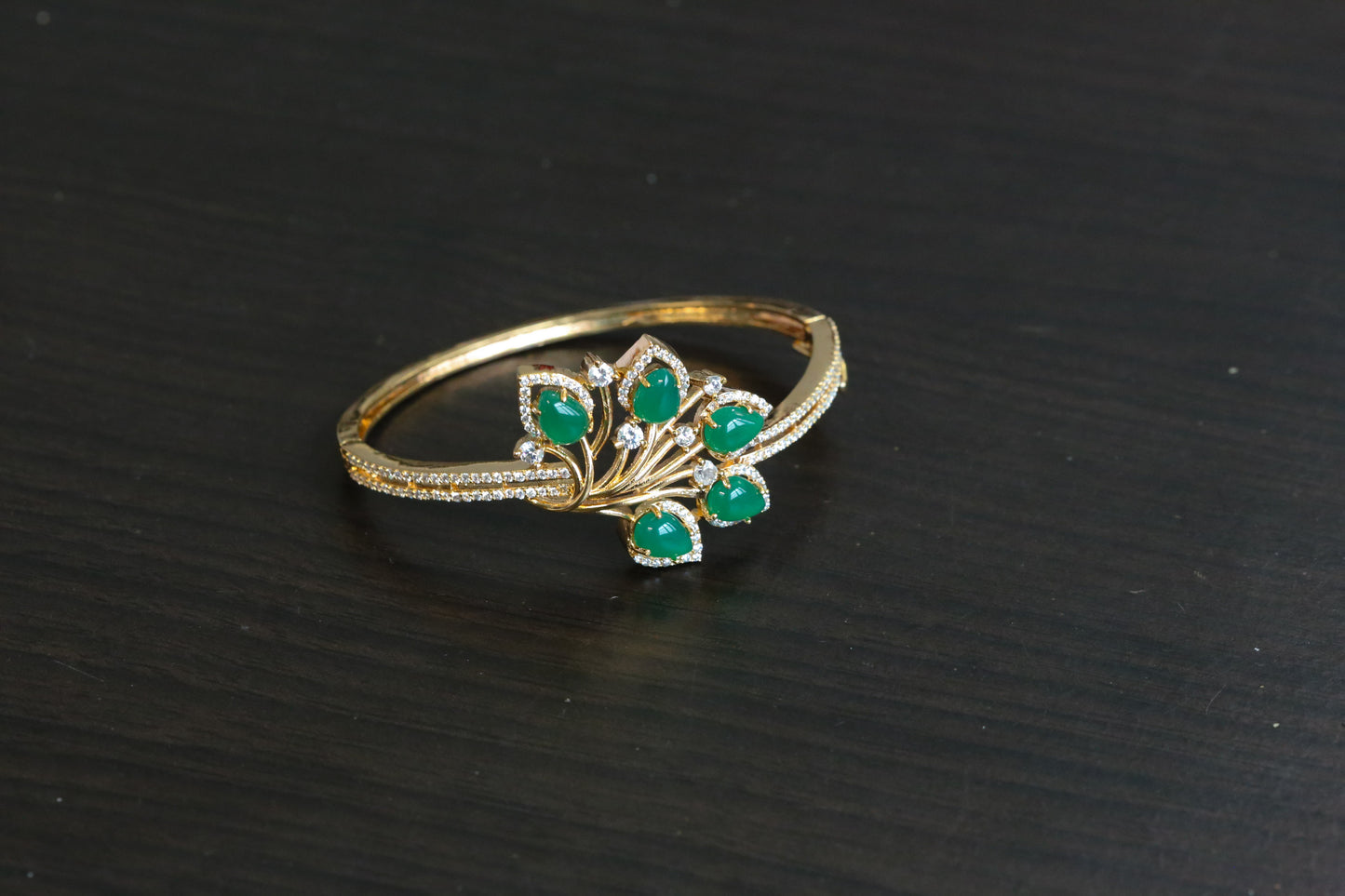 Gold Finish CZ Bangle Bracelet - Green (Openable)