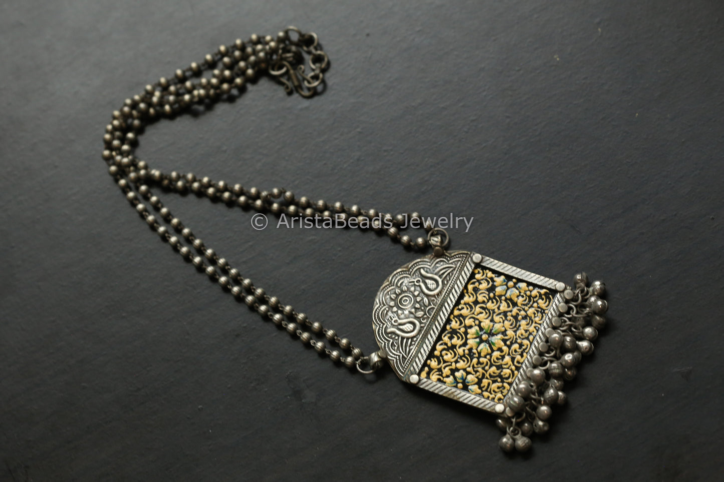 Hand Enameled Silver Look Necklace - Black