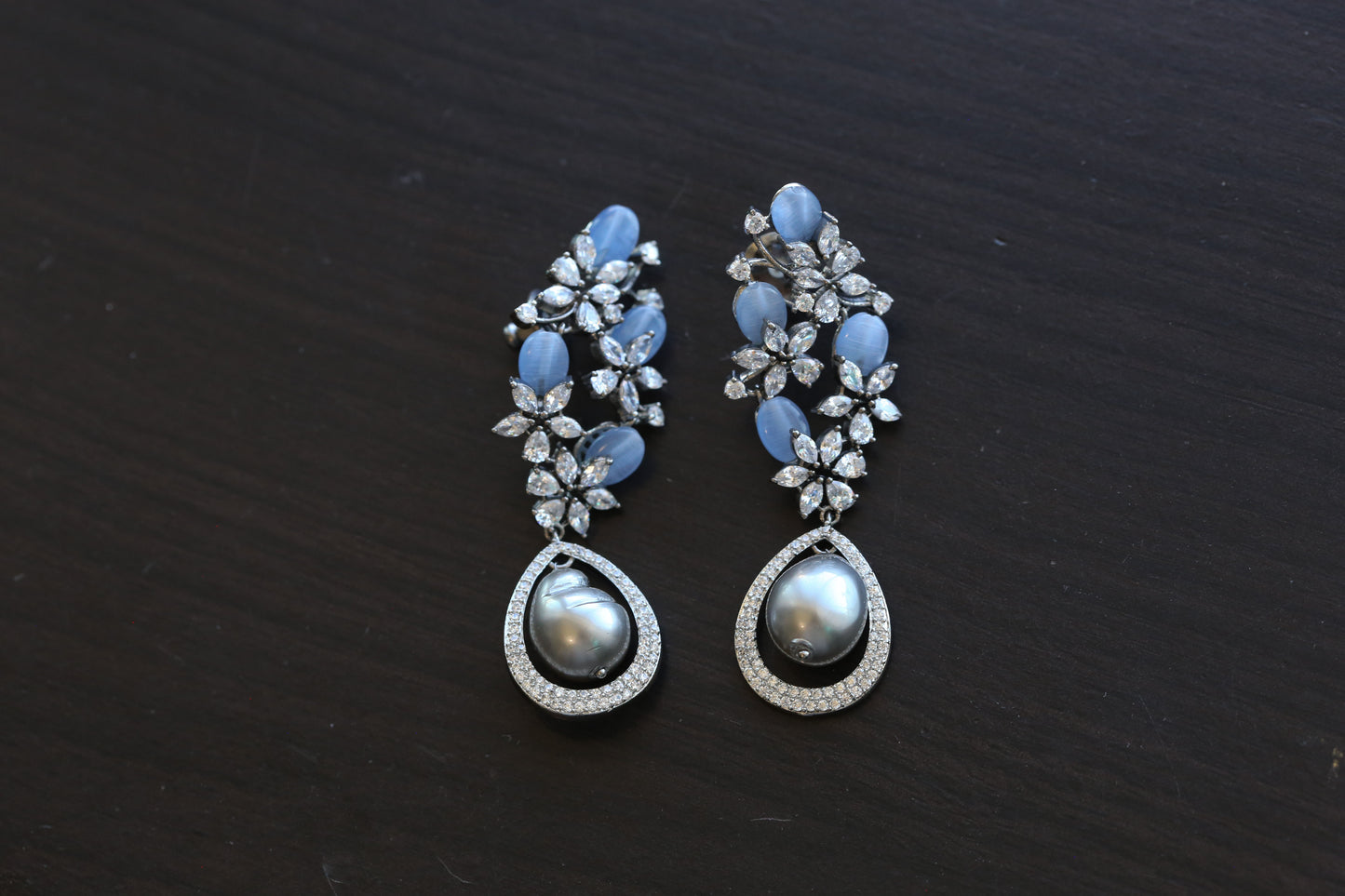 Contemporary CZ & Real Pearl Earrings- Blue