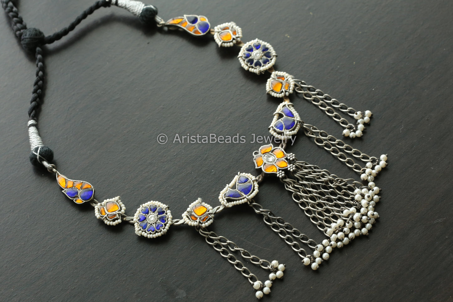 Fusion Kundan Hasli Tassel Necklace - Blue Yellow