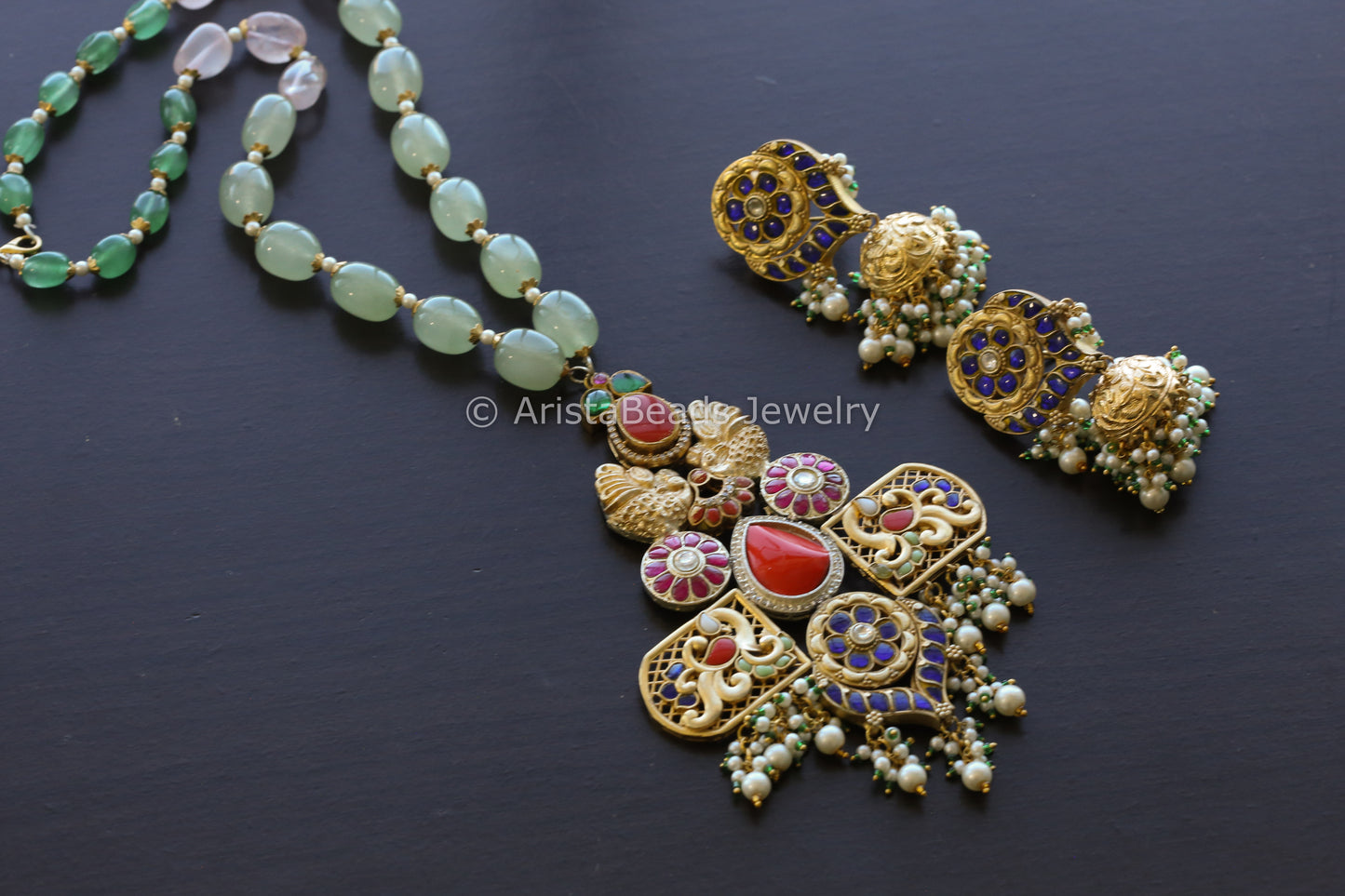 Designer Jadau Kundan Fusion Necklace Set - Coral