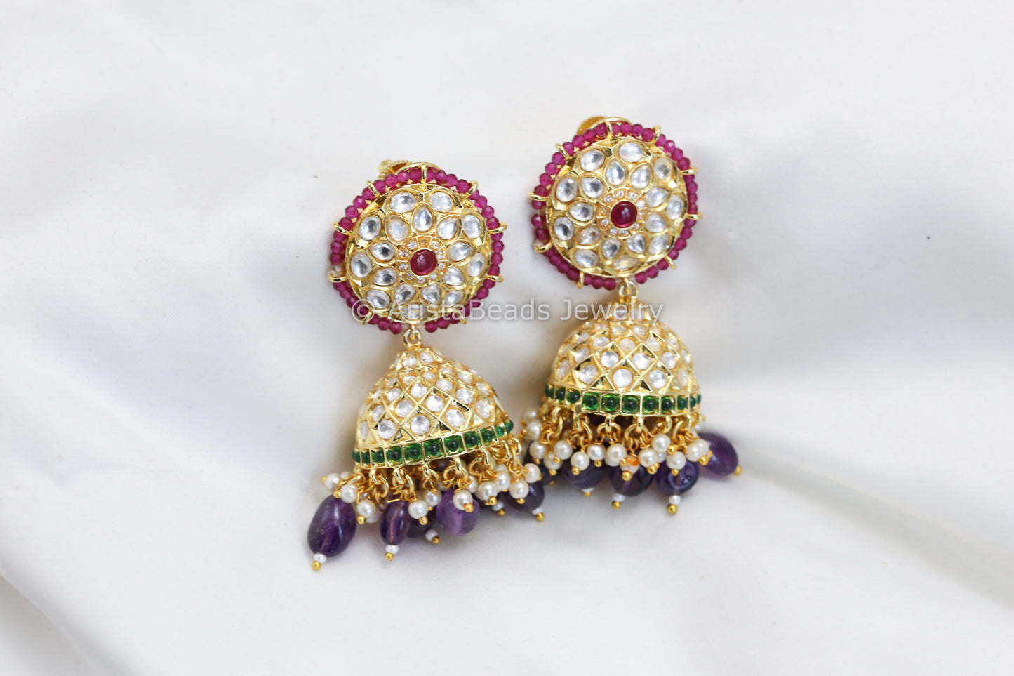 ABJ Uncut Polki Jhumka - Purple Drops