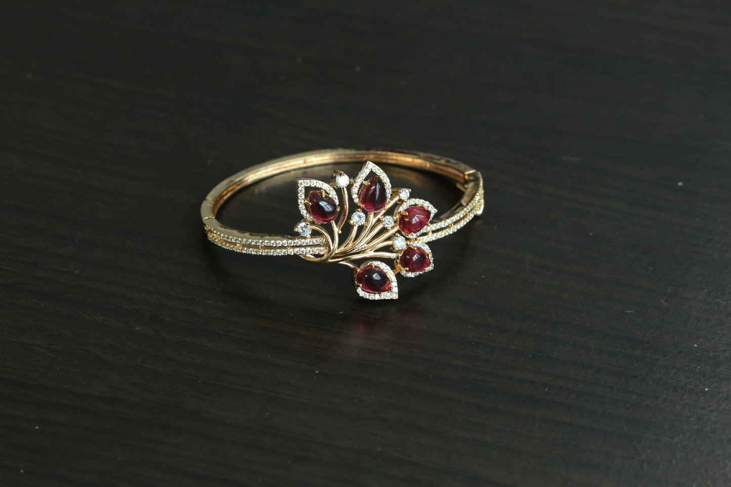 Gold Finish CZ Bangle Bracelet - Red (Openable)