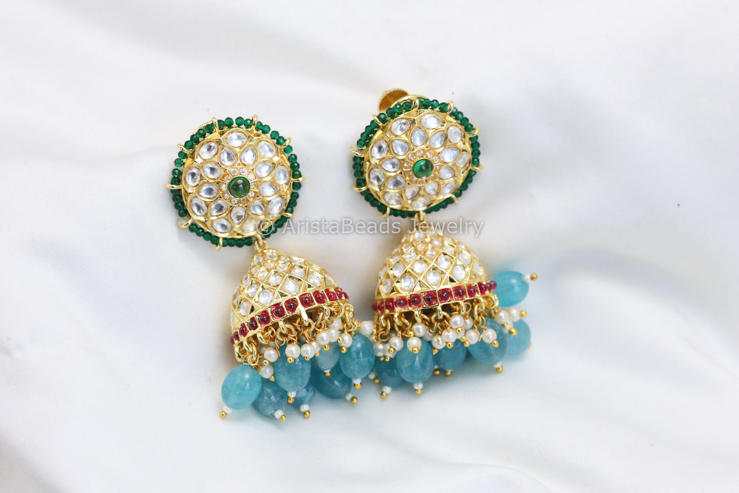 Uncut Polki Jhumka - Teal Drops