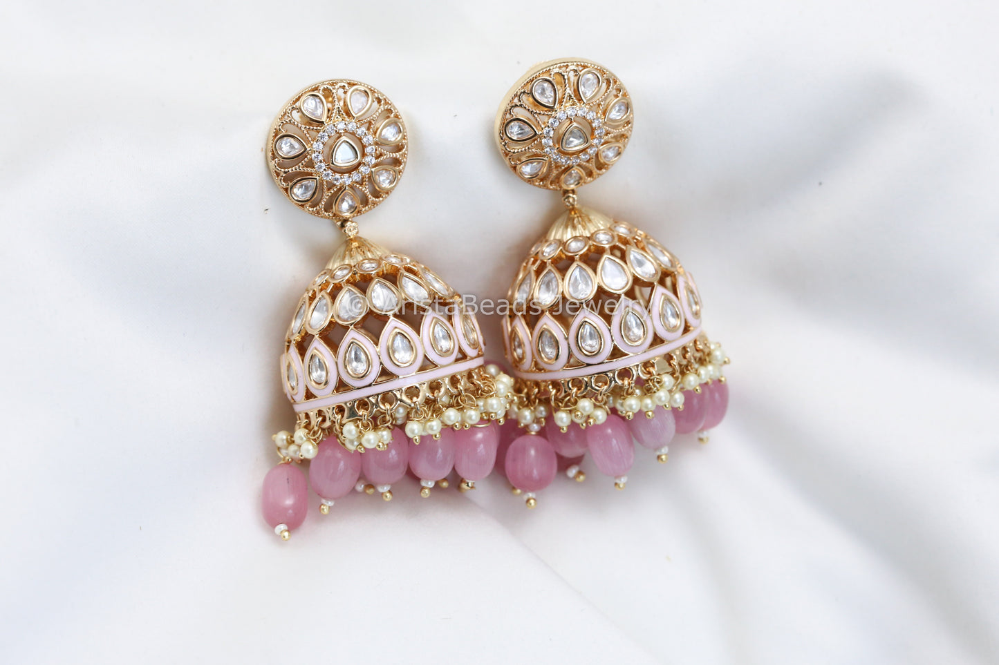 Enamel & Moissanite Look Polki Jhumka - Pink