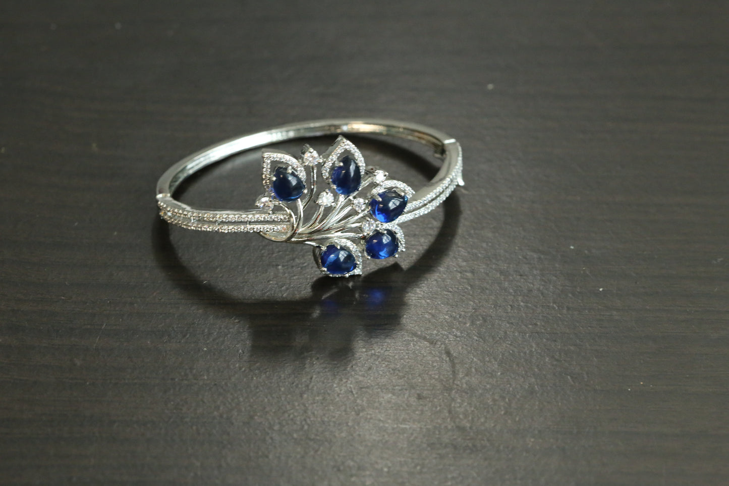 Silver Finish CZ Bangle Bracelet - Blue (Openable)