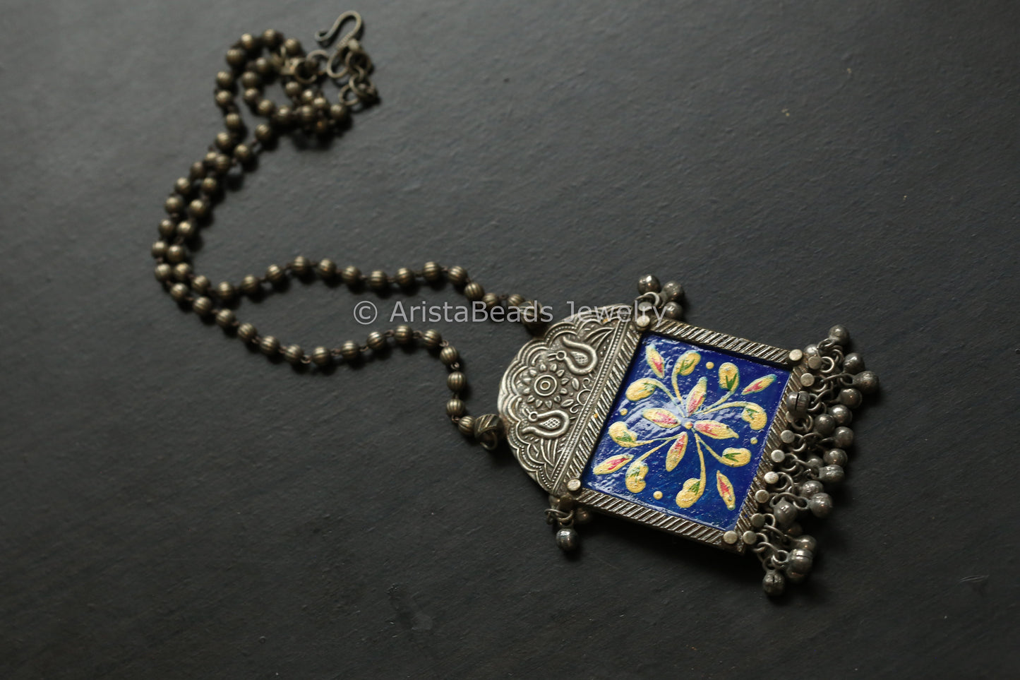 Hand Enameled Silver Look Necklace - Dark Blue