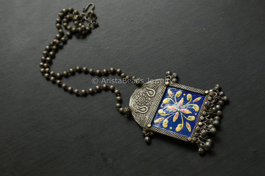 Hand Enameled Silver Look Necklace - Dark Blue