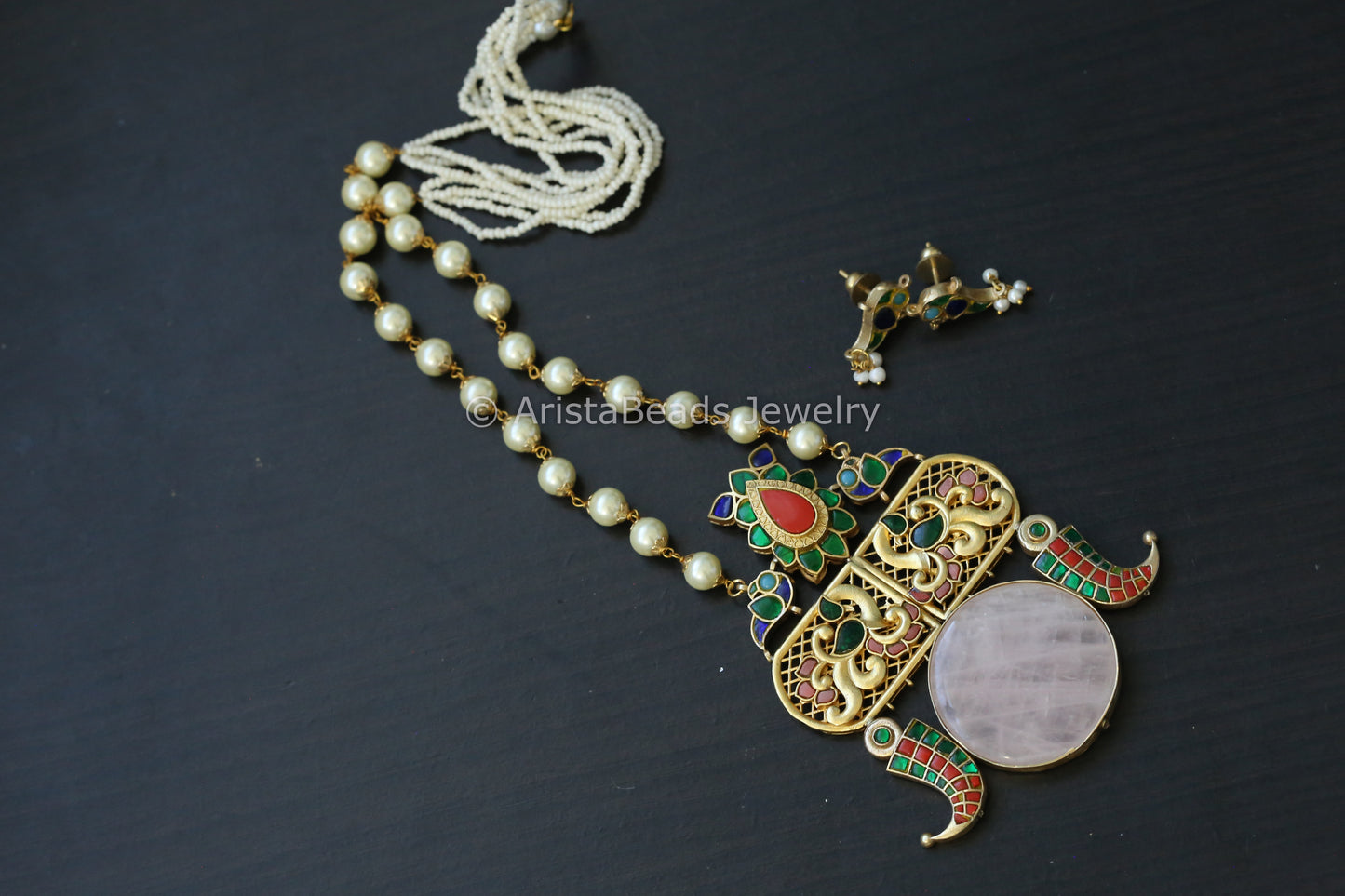 Jadau Kundan Fusion Necklace Set - Rose Quartz