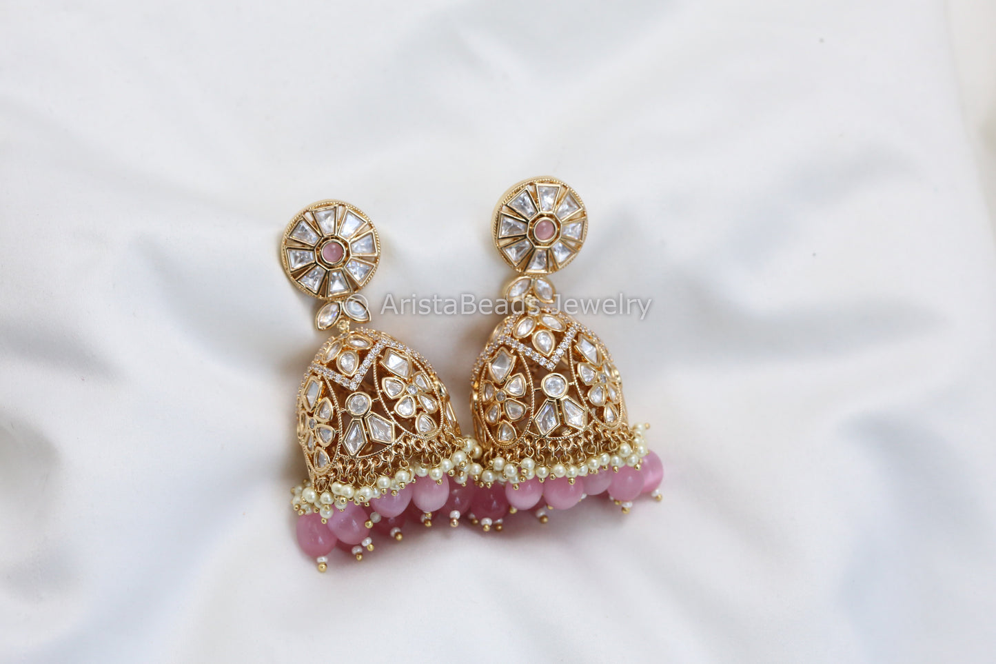 Clear Moissanite Look Polki Jhumka - Pink