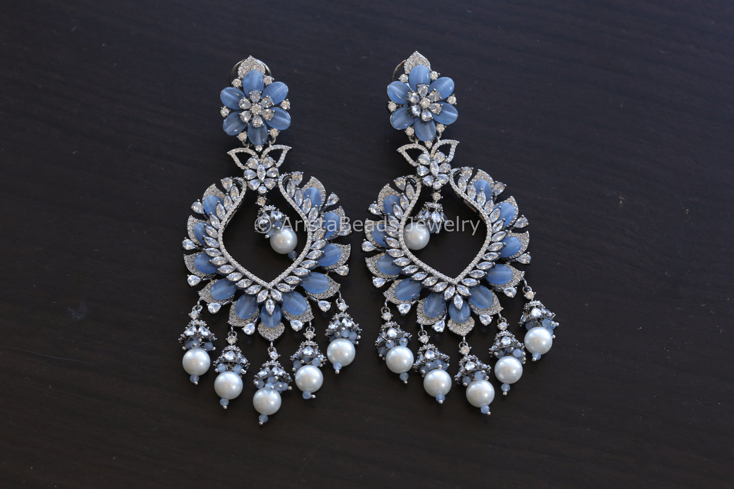 Large Contemporary CZ Silver Finish Earrings - Blue