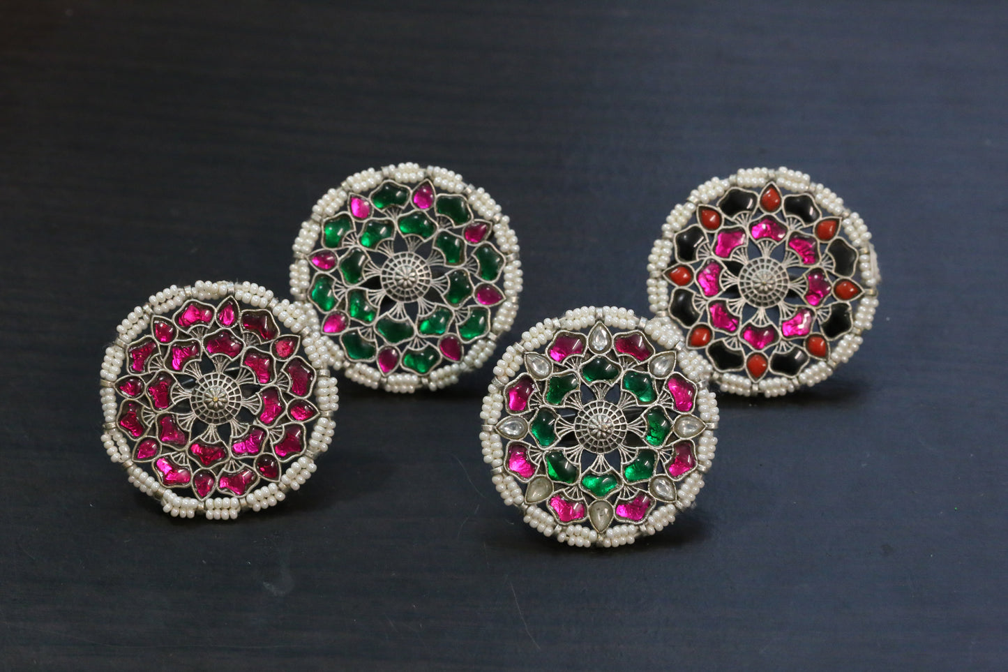 Large Silver Finish Jadau Rings (Adjustable) - Design 3
