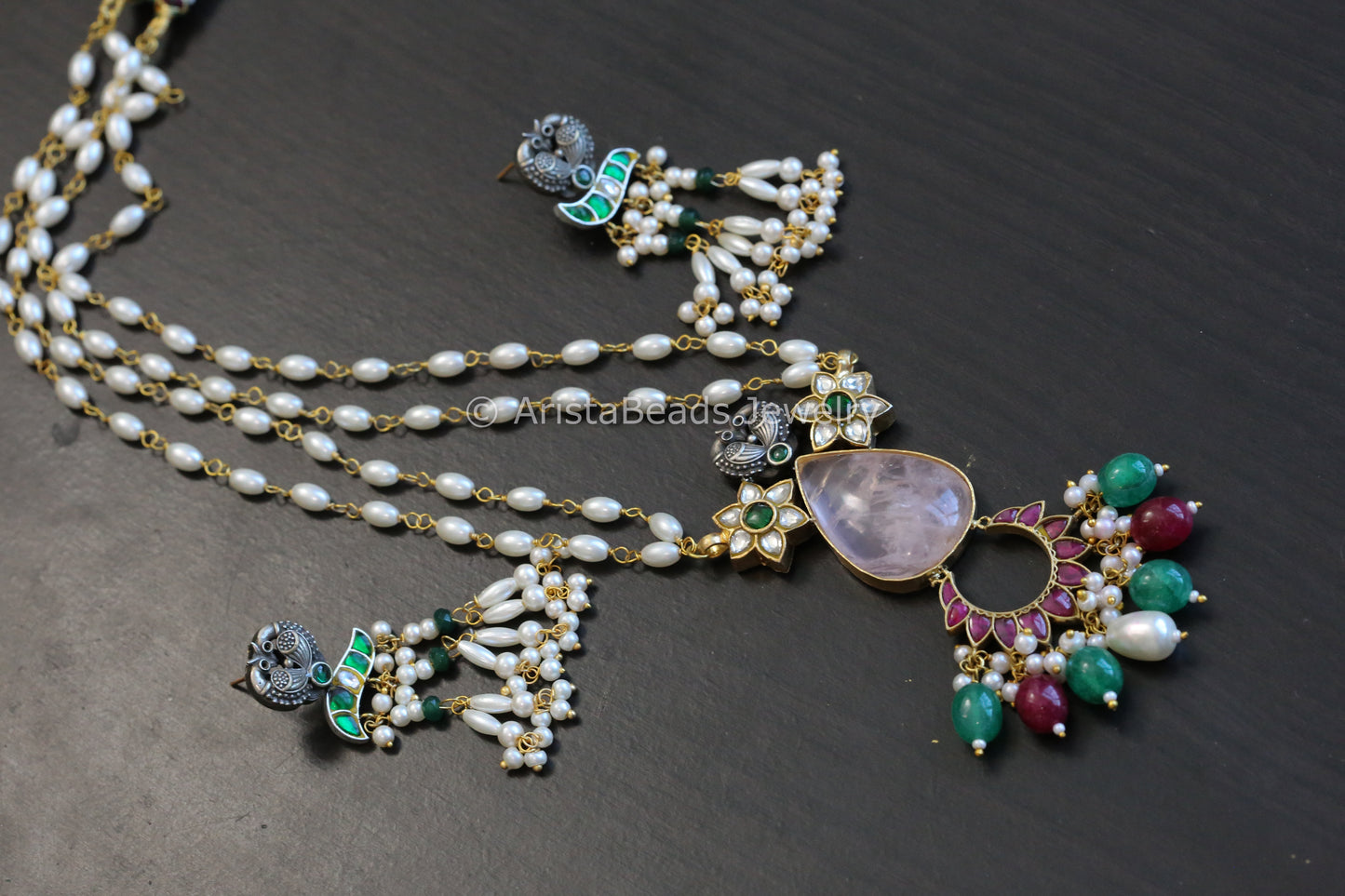 Dual Tone Jadau Kundan & Rose Quartz Necklace