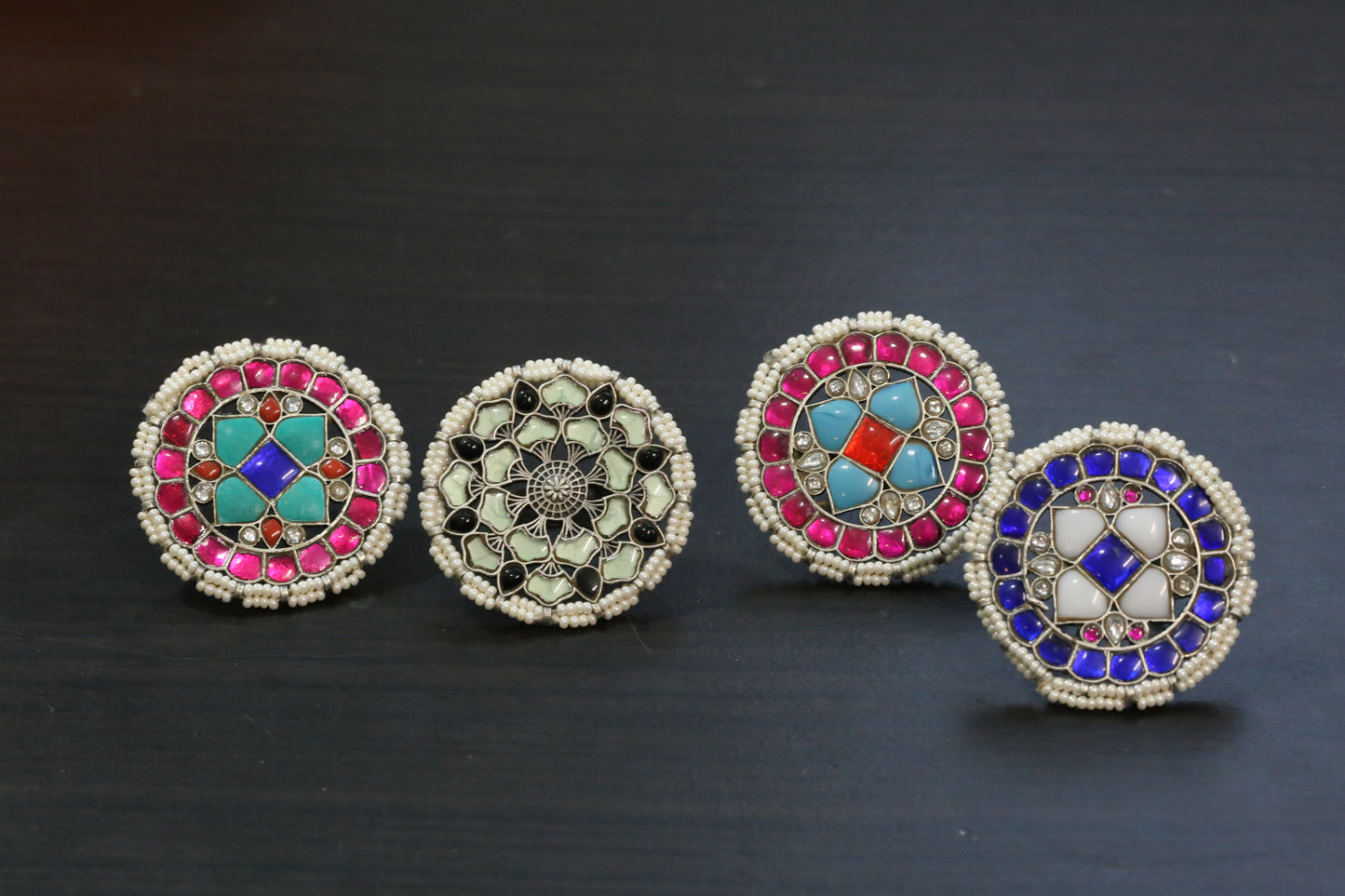 Large Silver Finish Jadau Rings (Adjustable) - Set 1