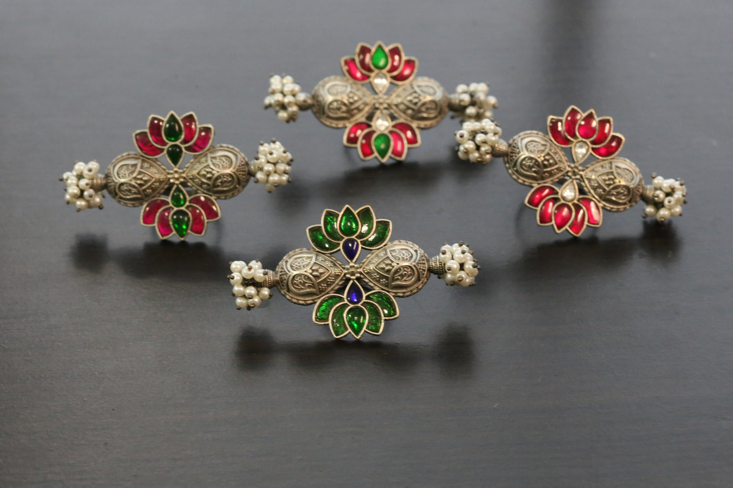 Large Silver Finish Jadau Rings (Adjustable) - Design 5
