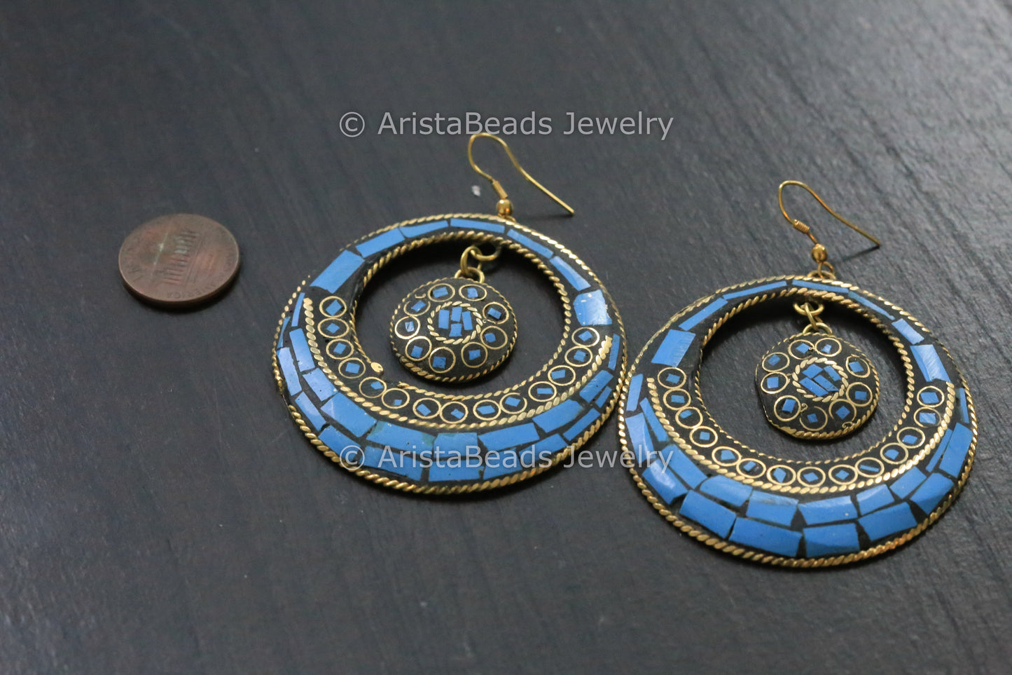 Turquoise Blue Brass Earrings