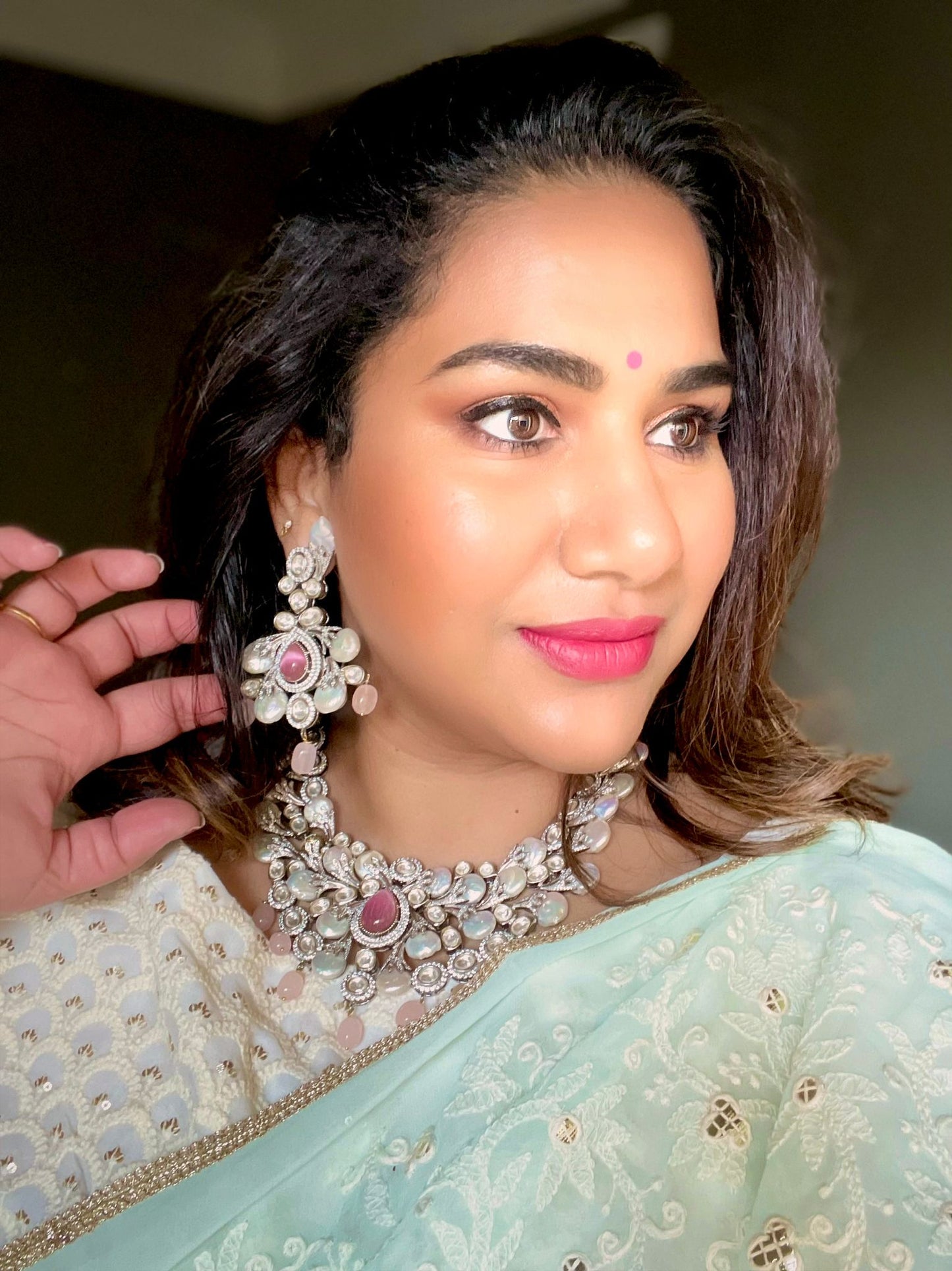 Uncut Kundan CZ & Baroque Pearl Necklace Set