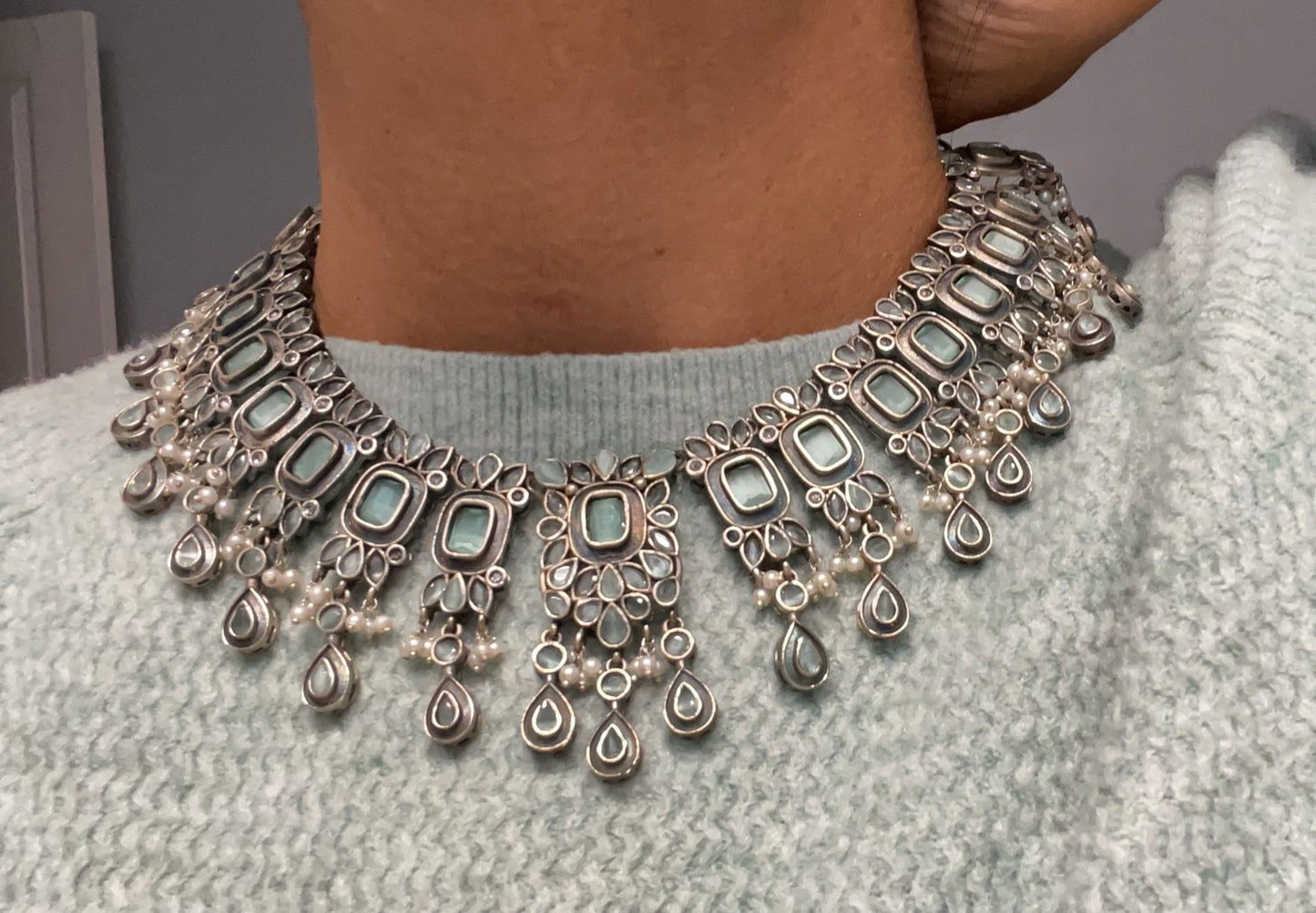 Silver Tone Oxidized Necklace Set -Mint