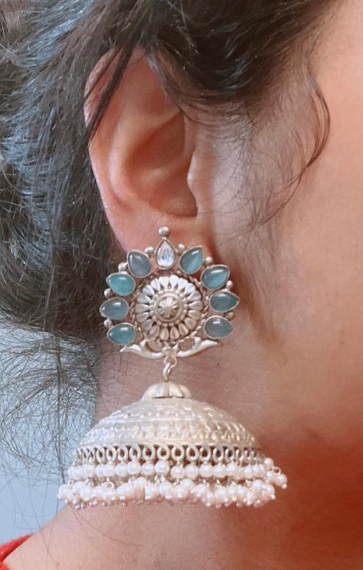 Extra Large 925 Silver Polish Kundan Jhumka - Blue