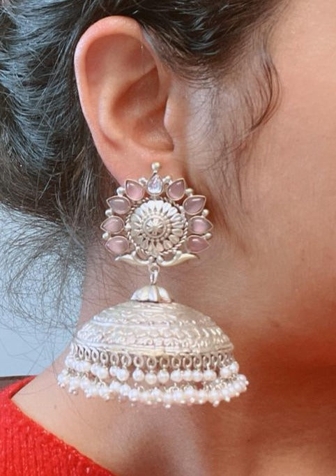 Extra Large 925 Silver Polish Kundan Jhumka - Pink