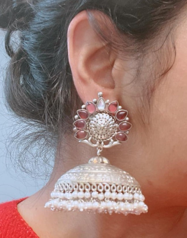 Extra Large 925 Silver Polish Kundan Jhumka - Wine