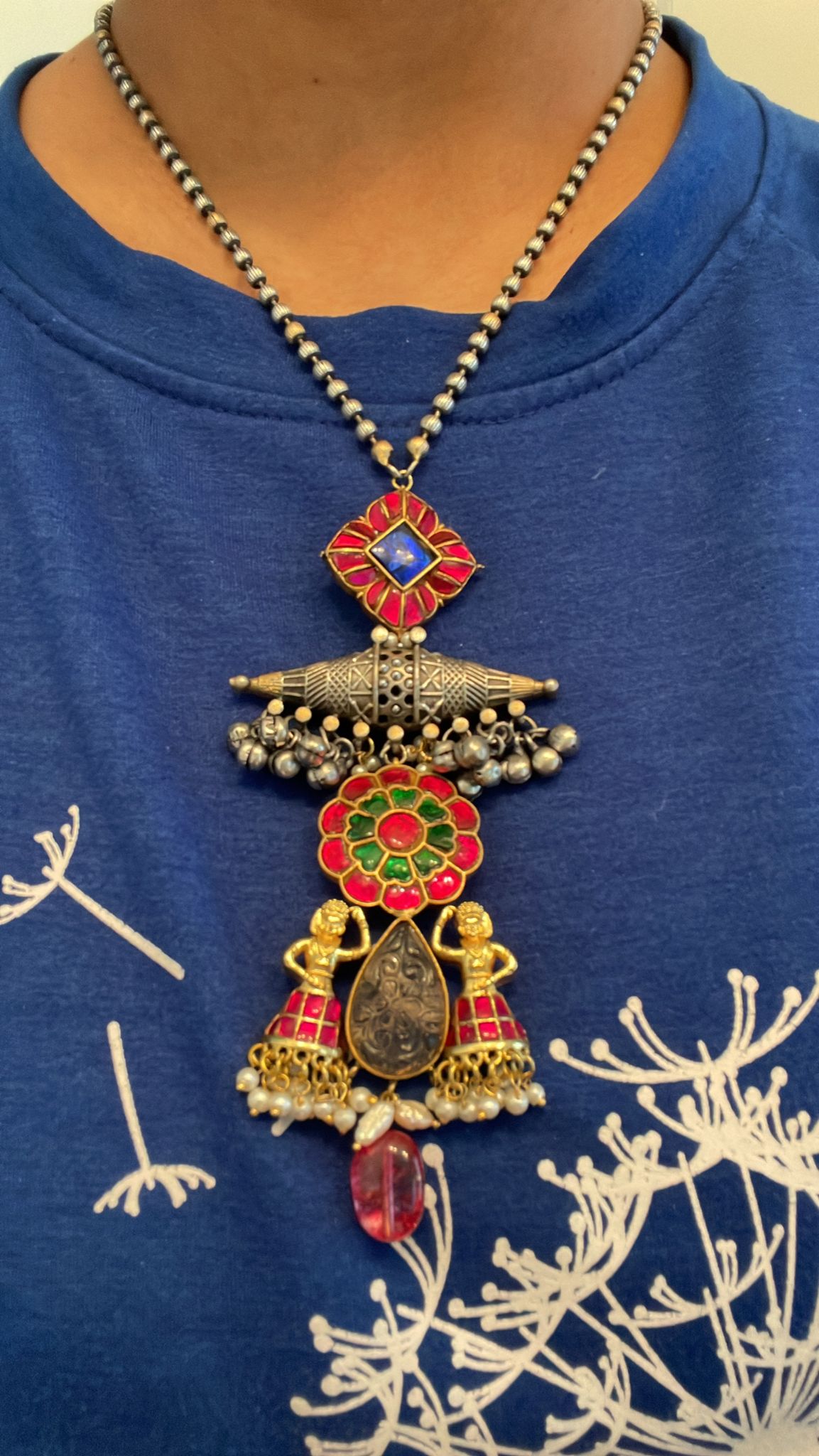 Silver Replica Carved Stone & Jadau Necklace