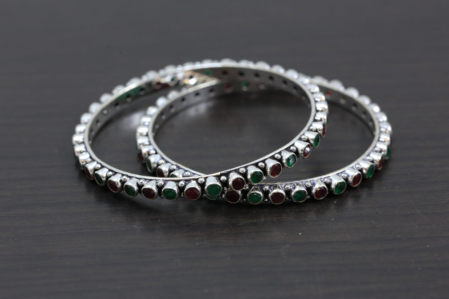 Silver Oxidized CZ Bangles - Green Ruby