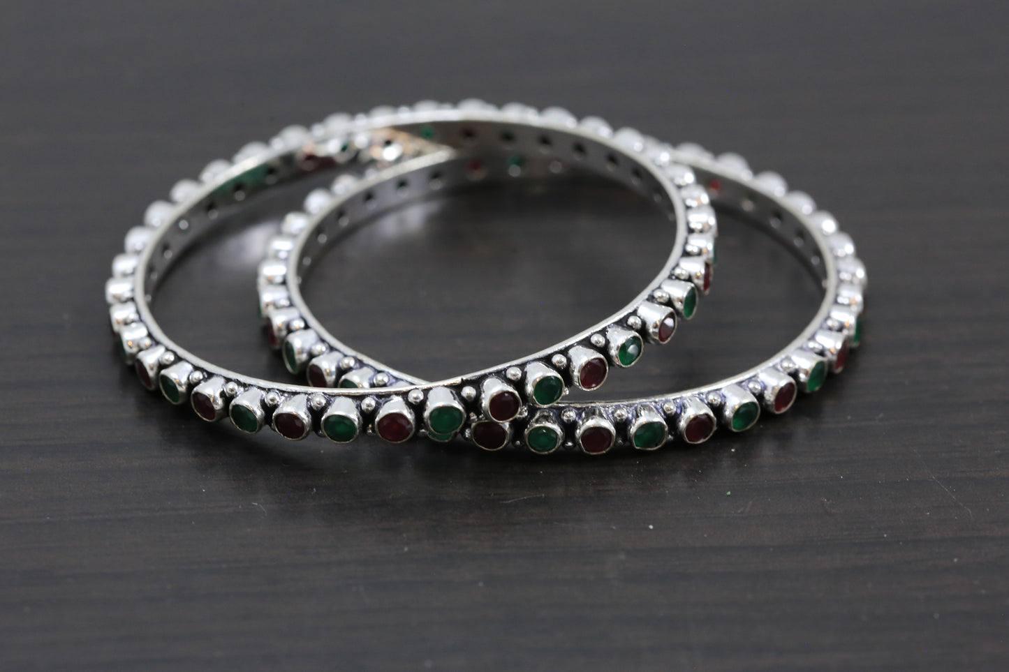 Silver Oxidized CZ Bangles - Green Ruby
