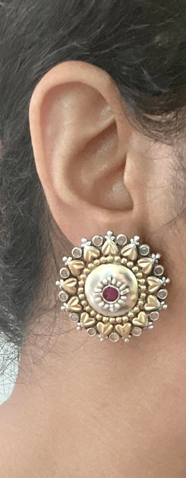 Large Dual Tone 925 Sterling Silver Polki Studs