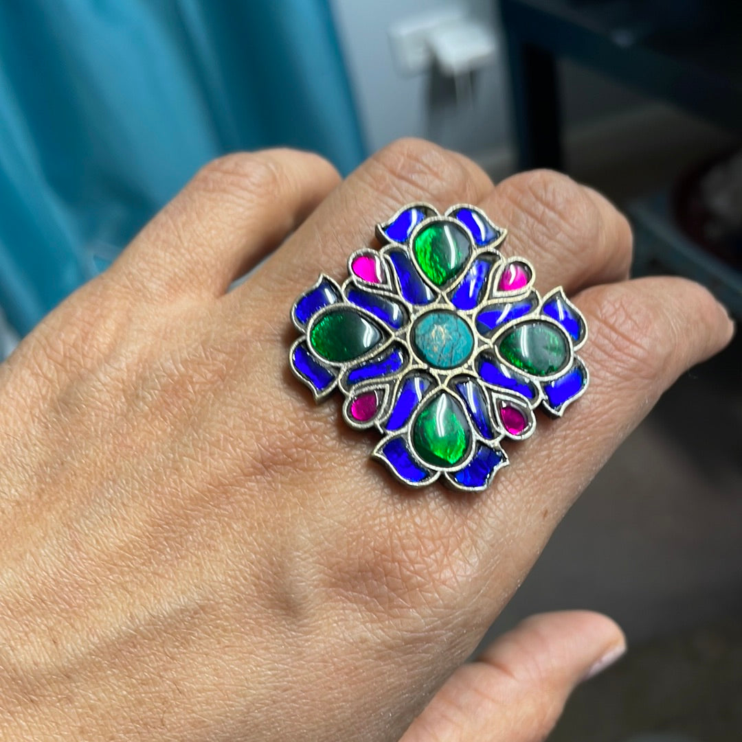 Large Silver Finish Jadau Rings (Adjustable) - Design 4