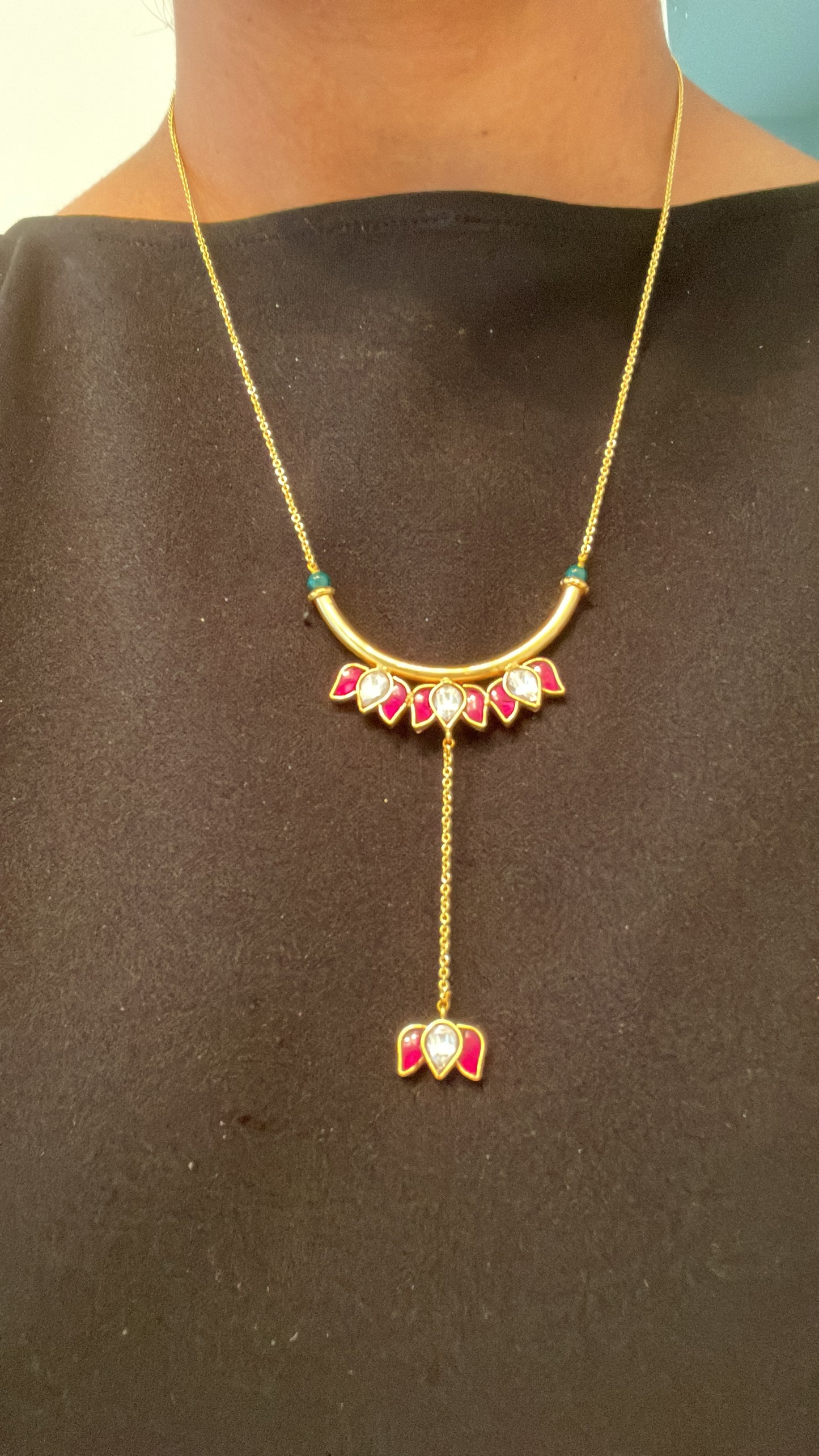 Dainty Jadau Lotus Contemporary Necklace - Ruby