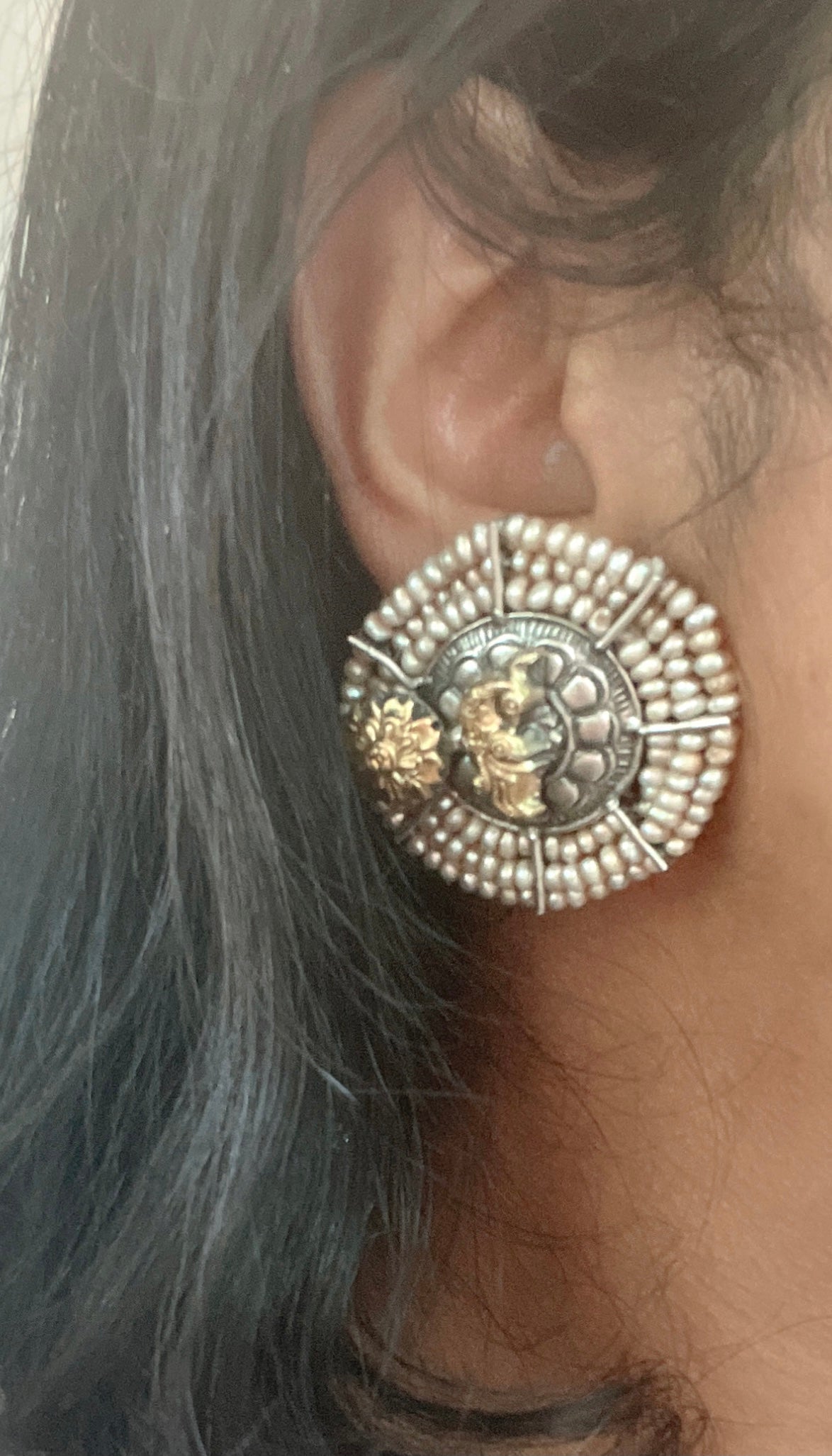 Large Fresh Water Pearls Dual Tone Sterling Silver Studs