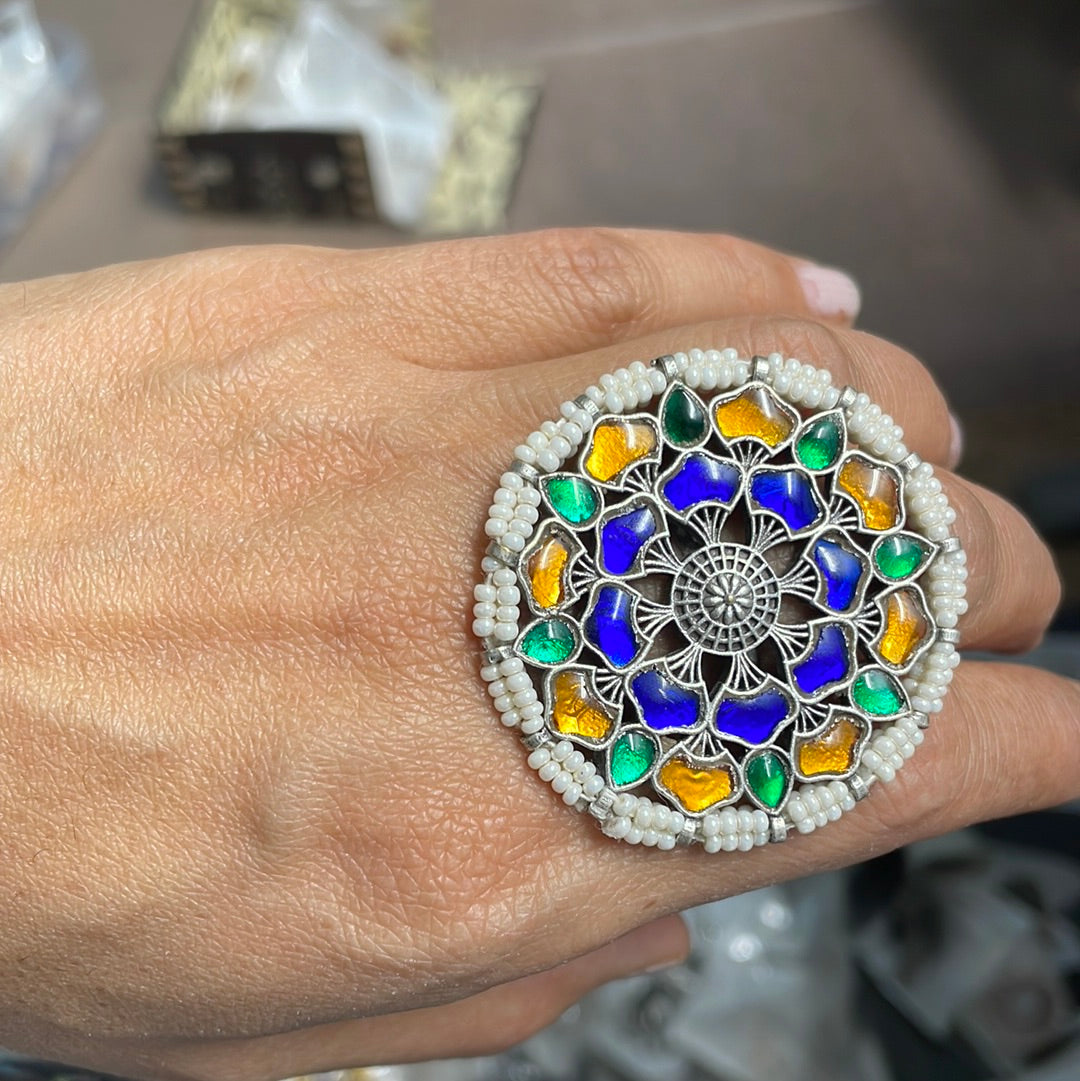 Large Silver Finish Jadau Rings (Adjustable) - Design 2