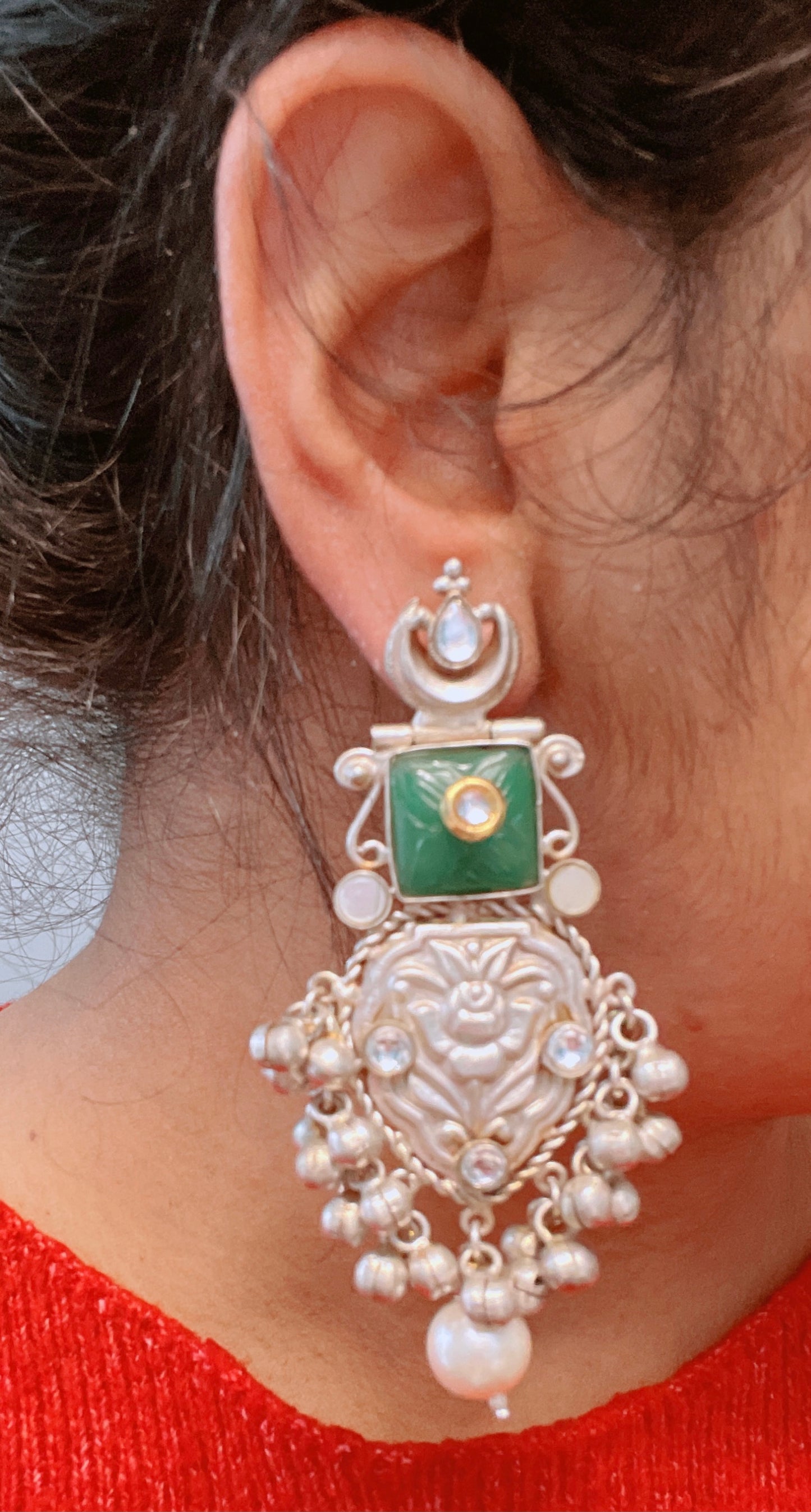 925 Silver Polish Kundan & MOP Earrings