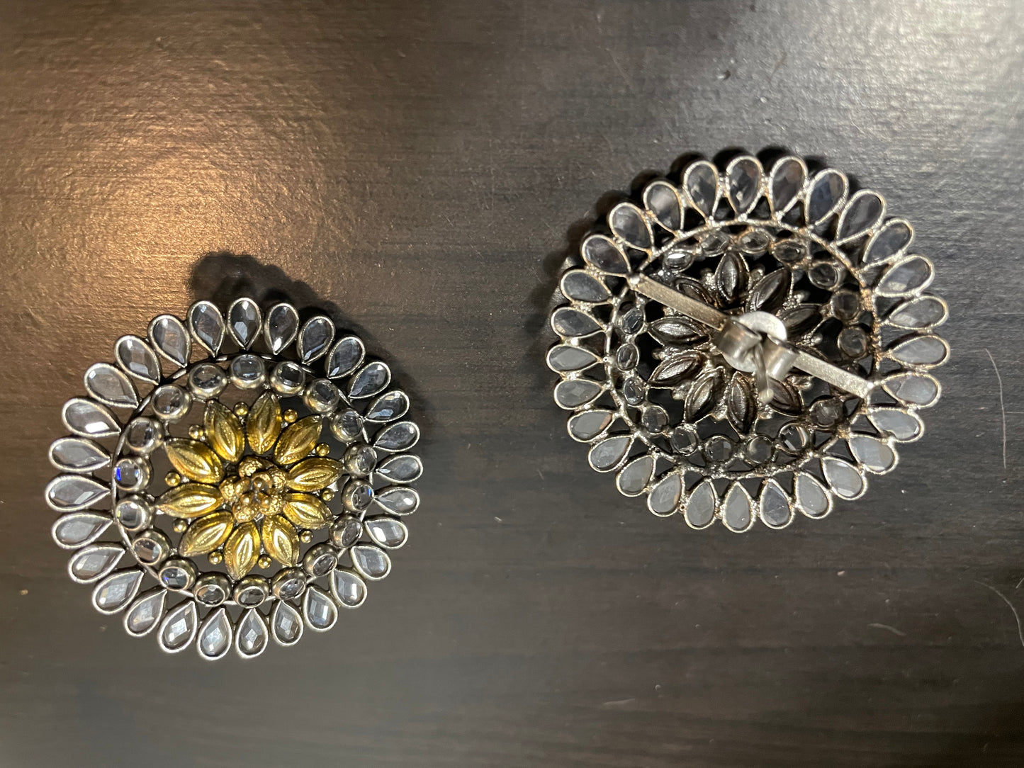 Large 925 Sterling Silver Dual Tone Polki Studs