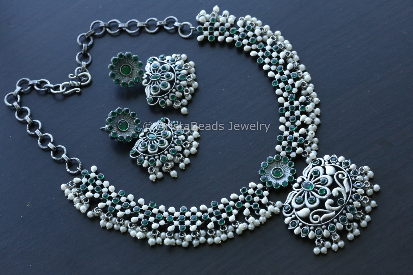 Falak Silver Look Oxidized Necklace Set - Green