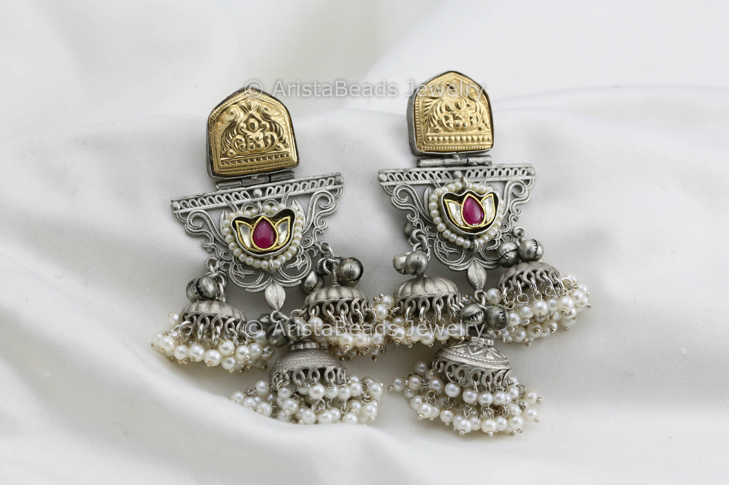 925 Silver Polish Ruby Kundan Jhumka