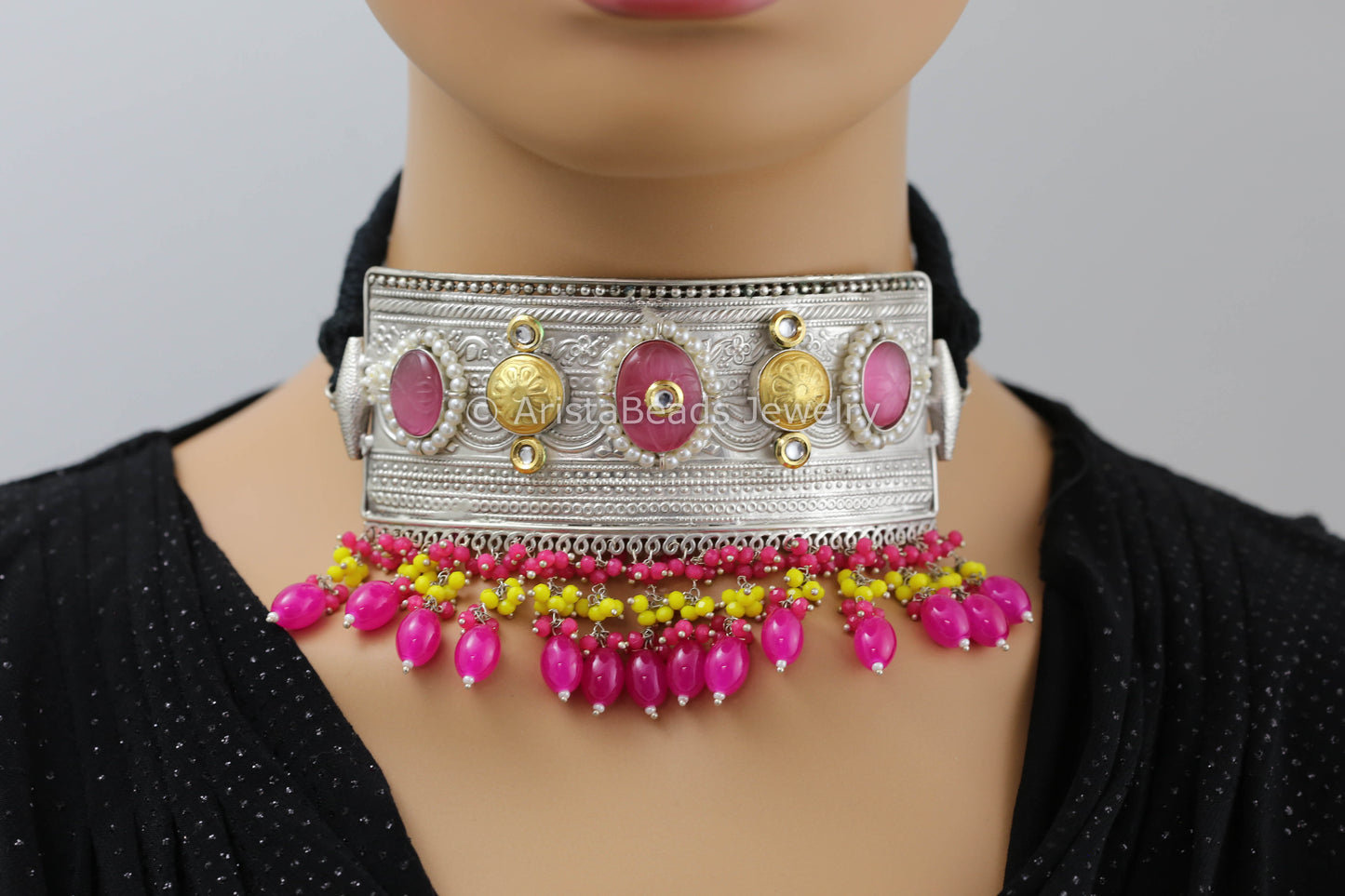 Silver Polish Choker - Hot Pink Drops
