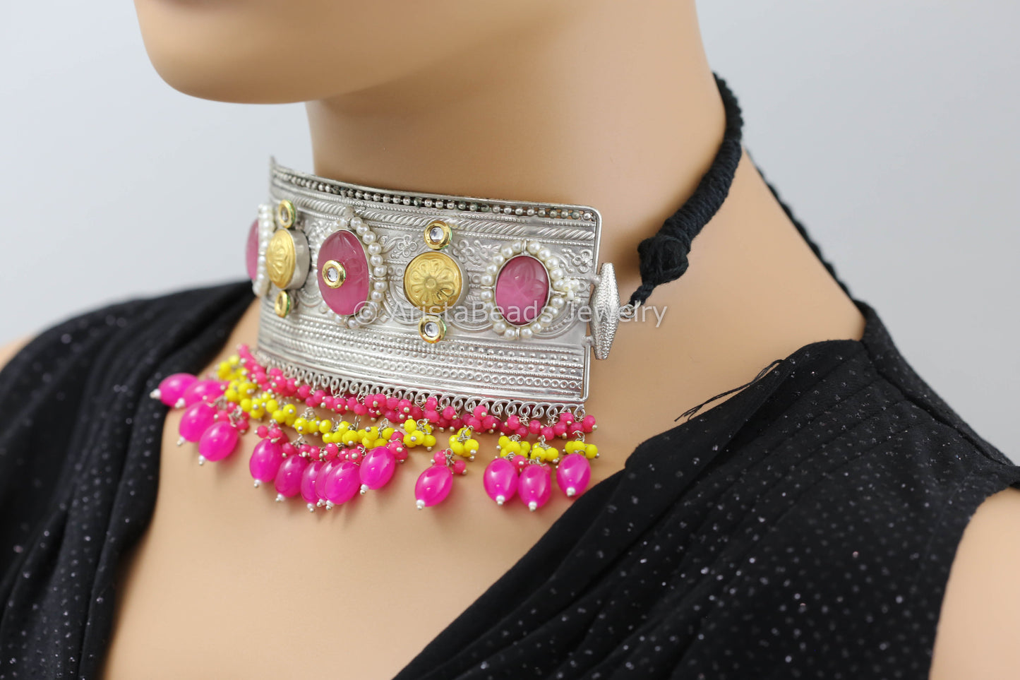 Silver Polish Choker - Hot Pink Drops