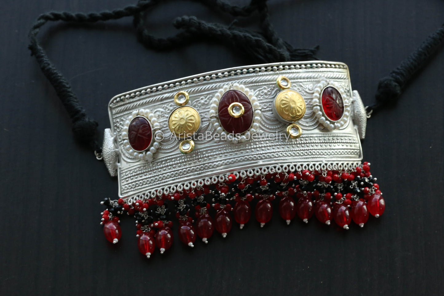 Silver Polish Choker - Red Drops