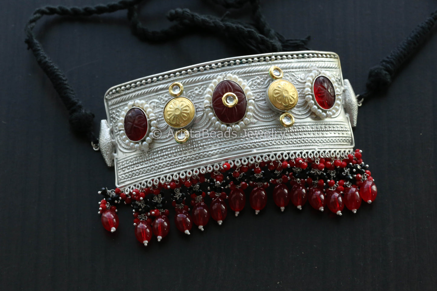 Silver Polish Choker - Red Drops