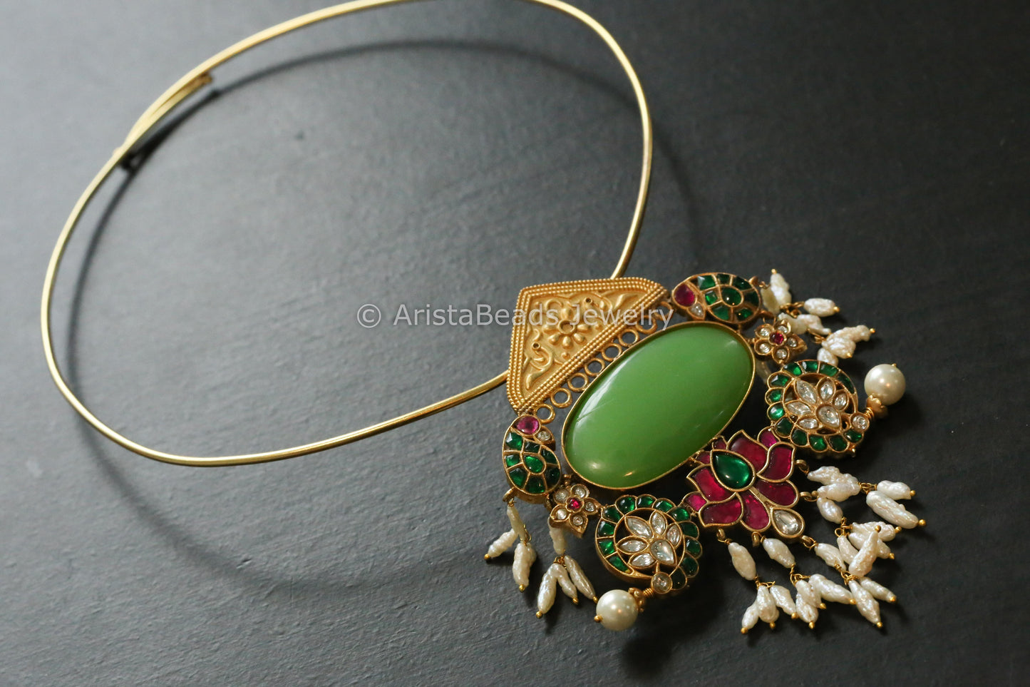 Green Jade Cab & Jadau Hasli Necklace (Adjustable)