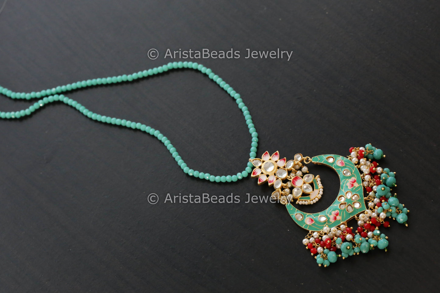Handmade Mala Necklace With Enamel Pendant - Mint